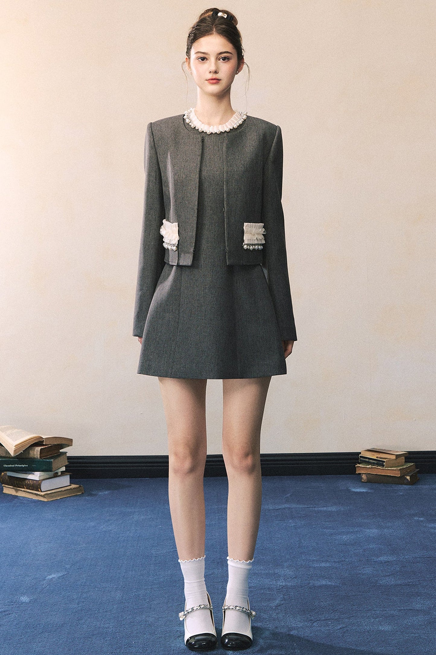 Miu Style Tweed Blazer Sleeveless A-Line Dress Set-Up