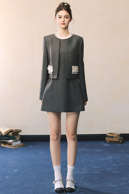 Miu Style Tweed Blazer Sleeveless A-Line Dress Set-Up