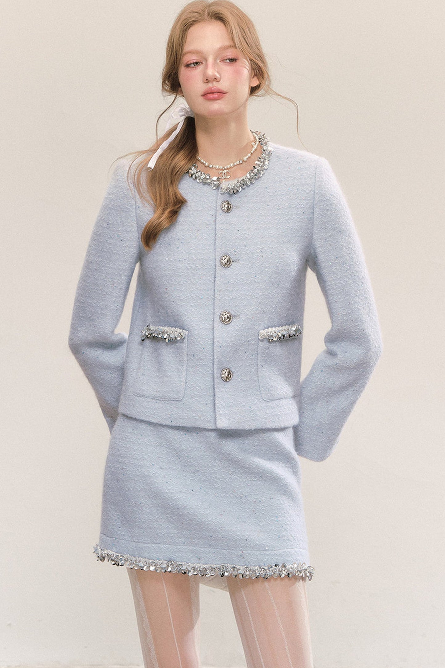 Blue Sequin Tweed Coat and Skirt Set-Up