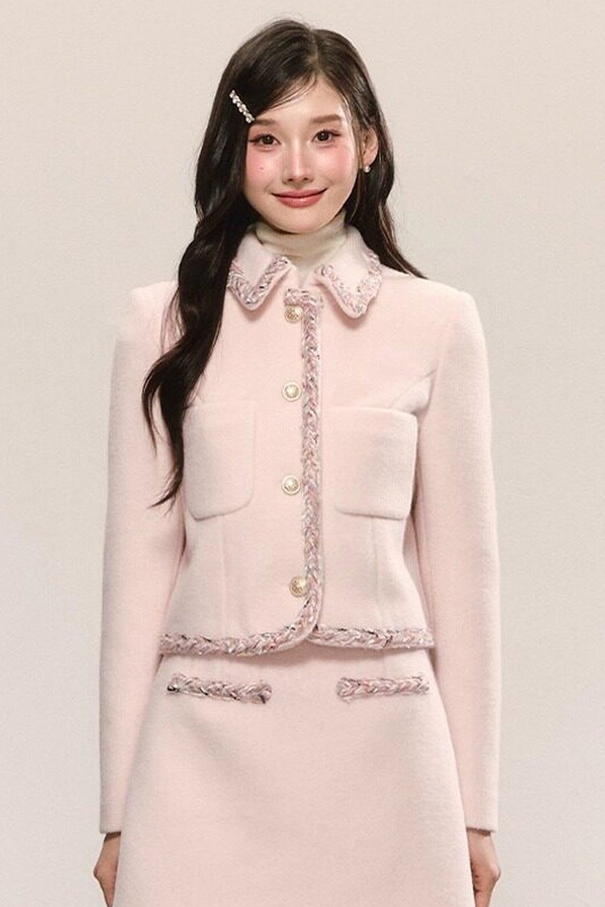 Miu Series Pink Woolen Coat Skirt Set-Up