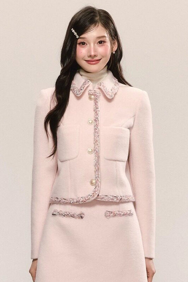 Miu Series Pink Woolen Coat Skirt Set-Up