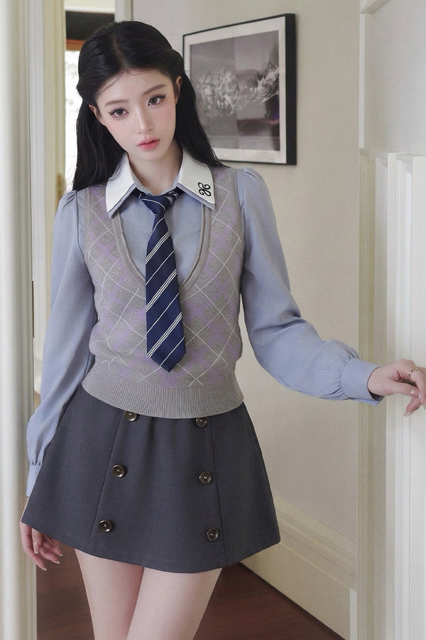 Plaid Vest, Long-Sleeve Shirt and Skirt Set-Up
