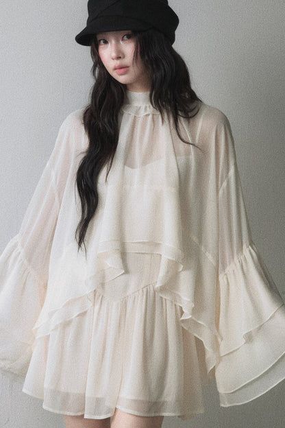 Ruffled Long-Sleeve Blouse and Suspender Dress Set-Up