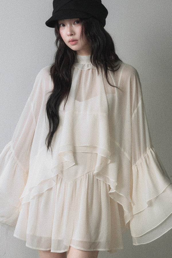 Ruffled Long-Sleeve Blouse and Suspender Dress Set-Up