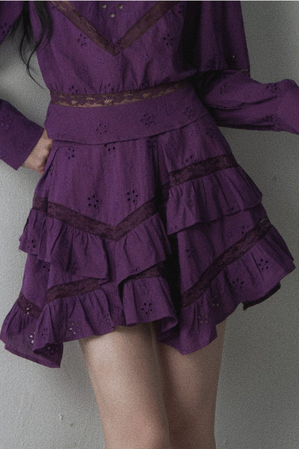 Long-Sleeved Hollow Embroidered Top and Asymmetrical Skirt Set-Up