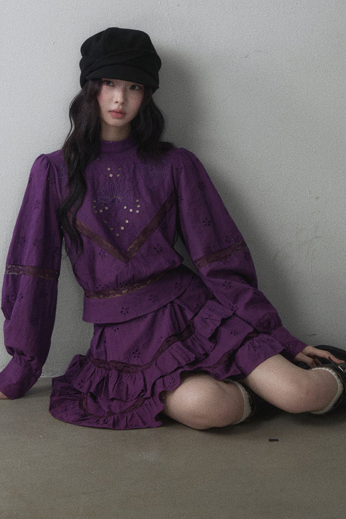 Long-Sleeved Hollow Embroidered Top and Asymmetrical Skirt Set-Up