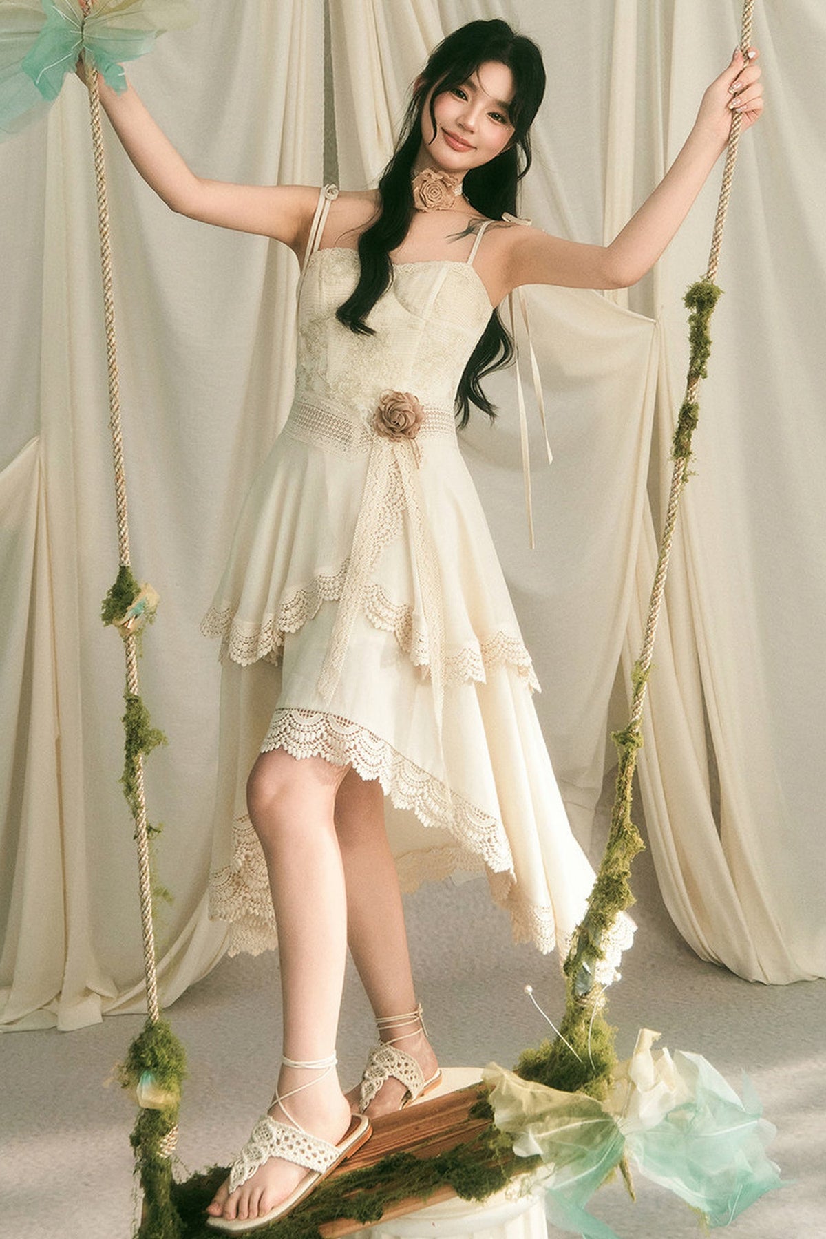 French Heavy Lace Trailing Strap Dress