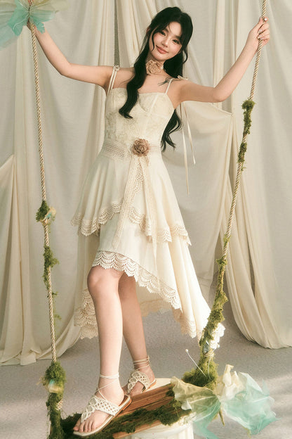French Heavy Lace Trailing Strap Dress