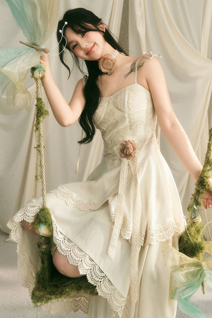 French Heavy Lace Trailing Strap Dress