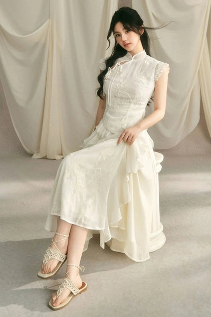 Embroidered Cheongsam Top and Ruffled Skirt Set-Up