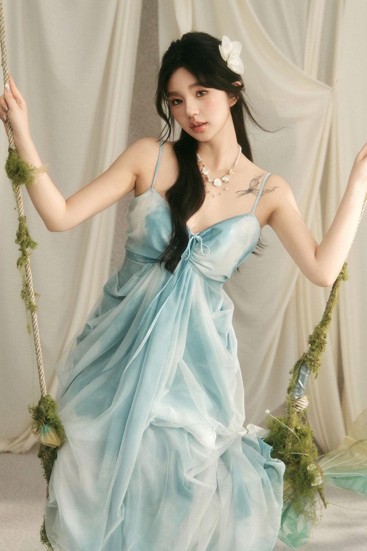 Blue Tie-Dye Cocoon Drawstring Slip Dress