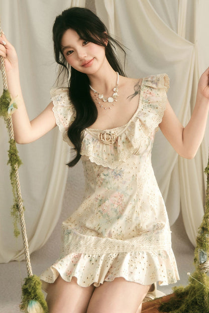 Floral Ruffle V-Neck Bow Short Dress