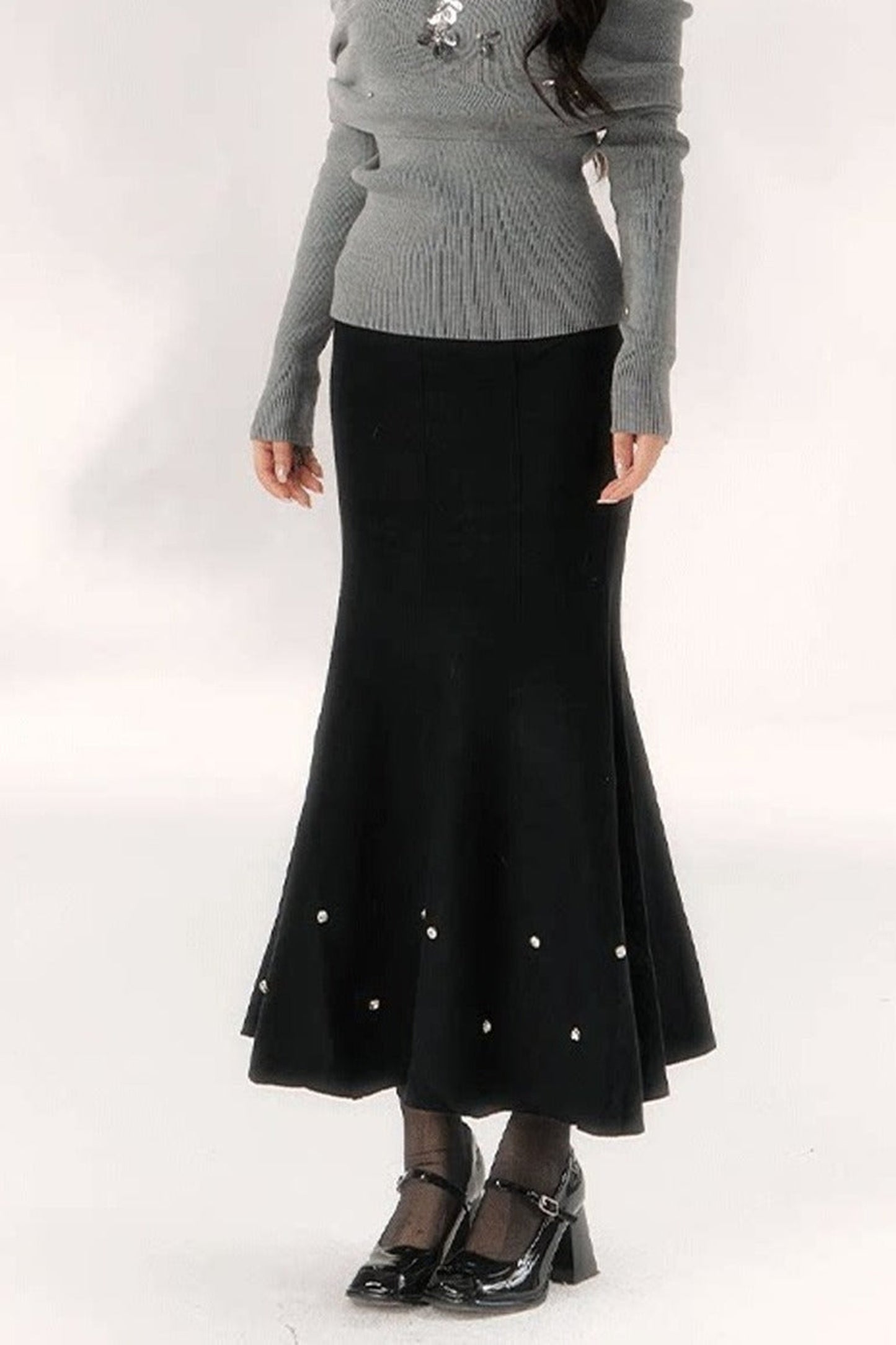 Diamond-Studded Knit Fishtail Skirt