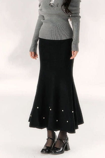 Diamond-Studded Knit Fishtail Skirt
