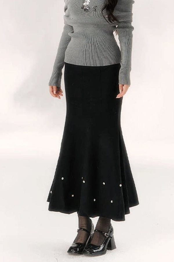 Diamond-Studded Knit Fishtail Skirt