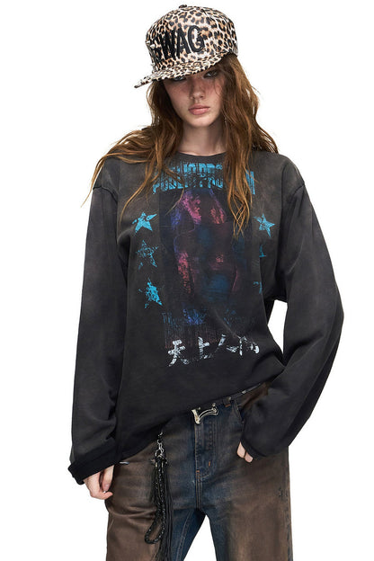Vintage Long-Sleeve Portrait Print T-Shirt