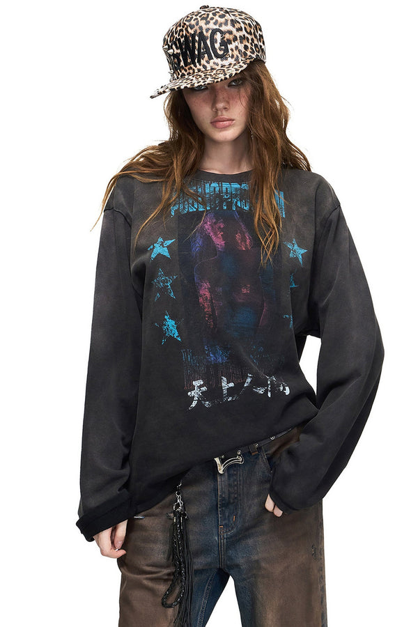 Vintage Long-Sleeve Portrait Print T-Shirt