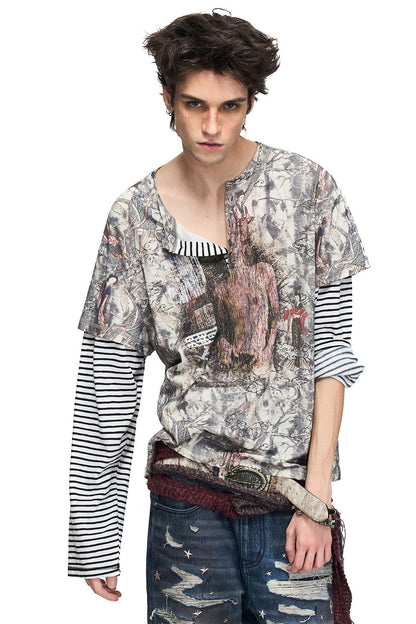 Striped Layered-Look Classical Lady Print T-shirt