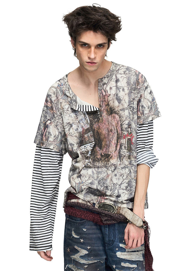 Striped Layered-Look Classical Lady Print T-shirt