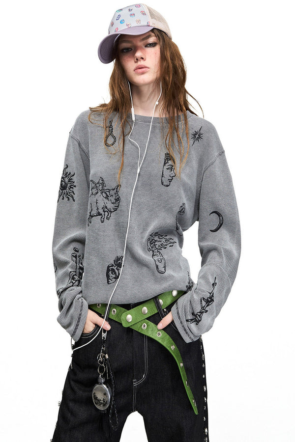 Skull Print Waffle Long-Sleeve T-Shirt