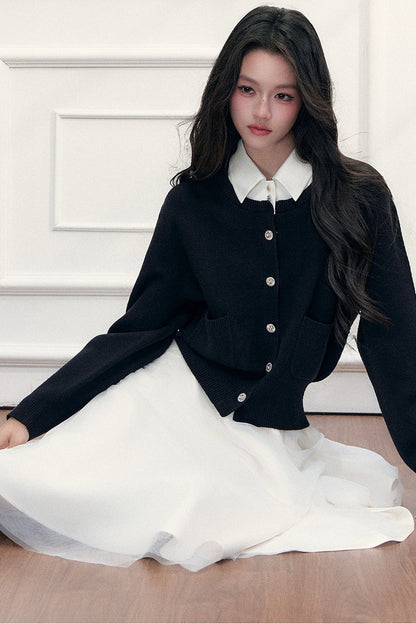 Retro Lapel Patchwork Knit Sweater Set-Up