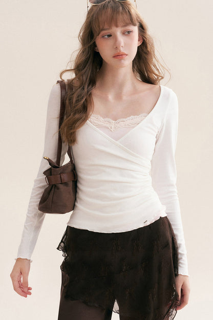 Layered-Look Lace Camisole Cross V-Neck T-Shirt