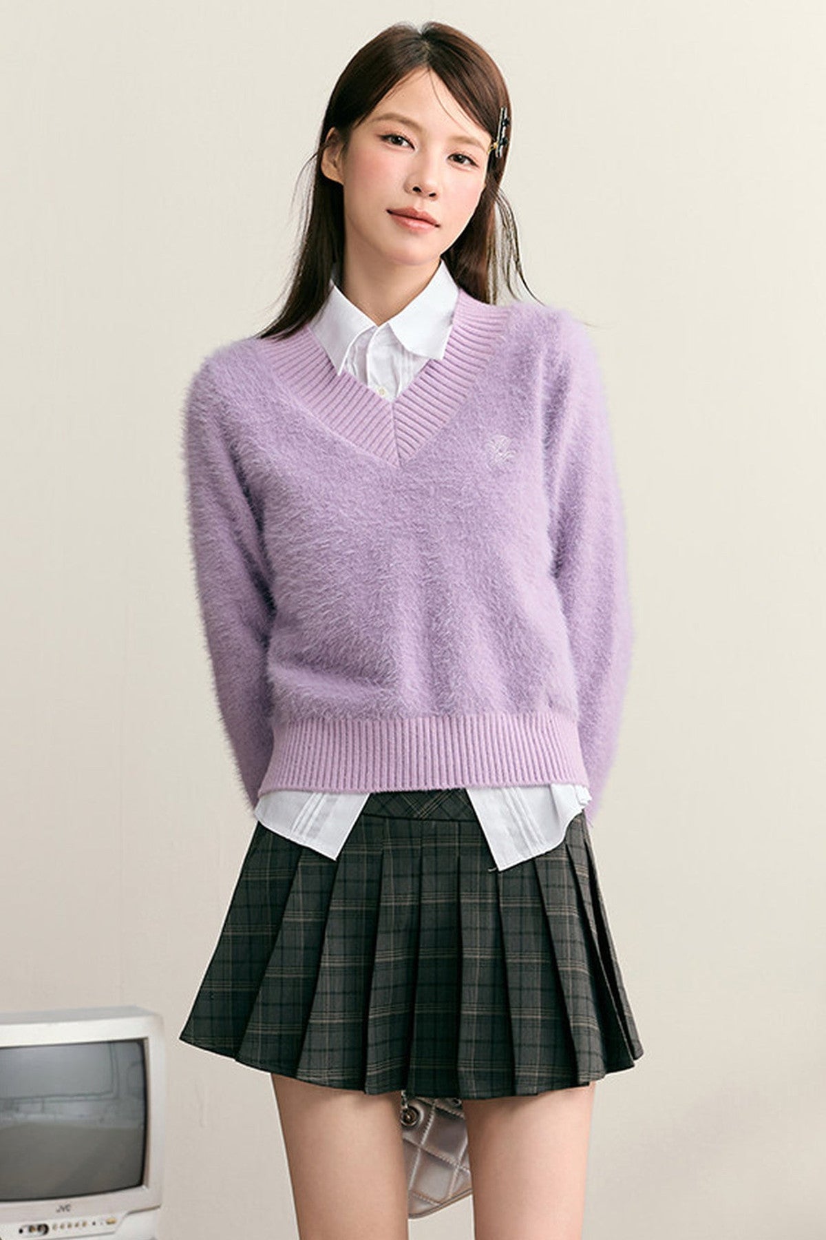Imitation Mink Fur V-Neck Pullover Sweater