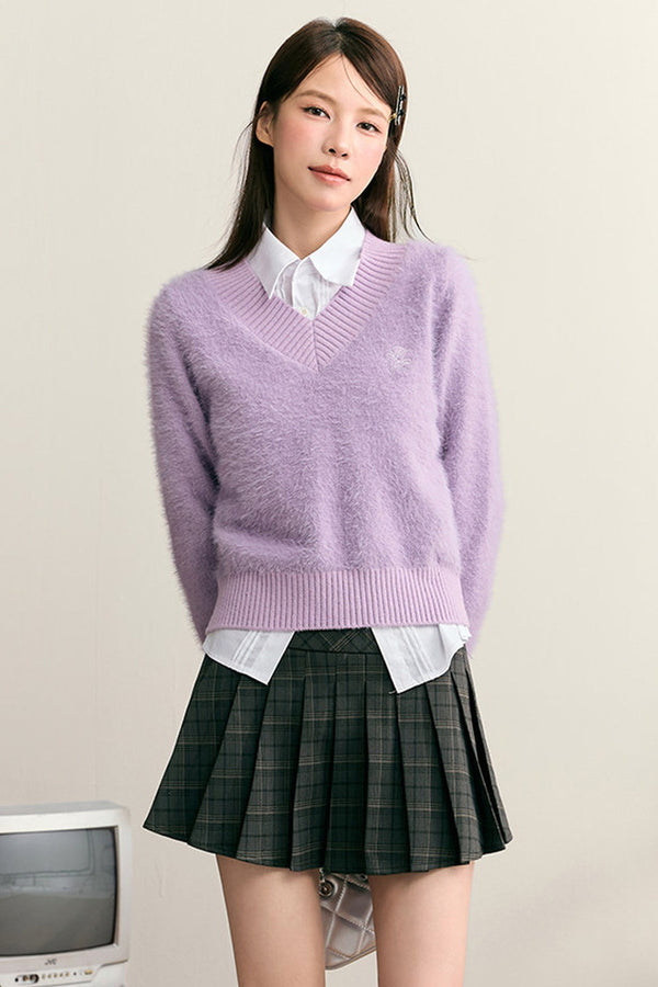 Imitation Mink Fur V-Neck Pullover Sweater