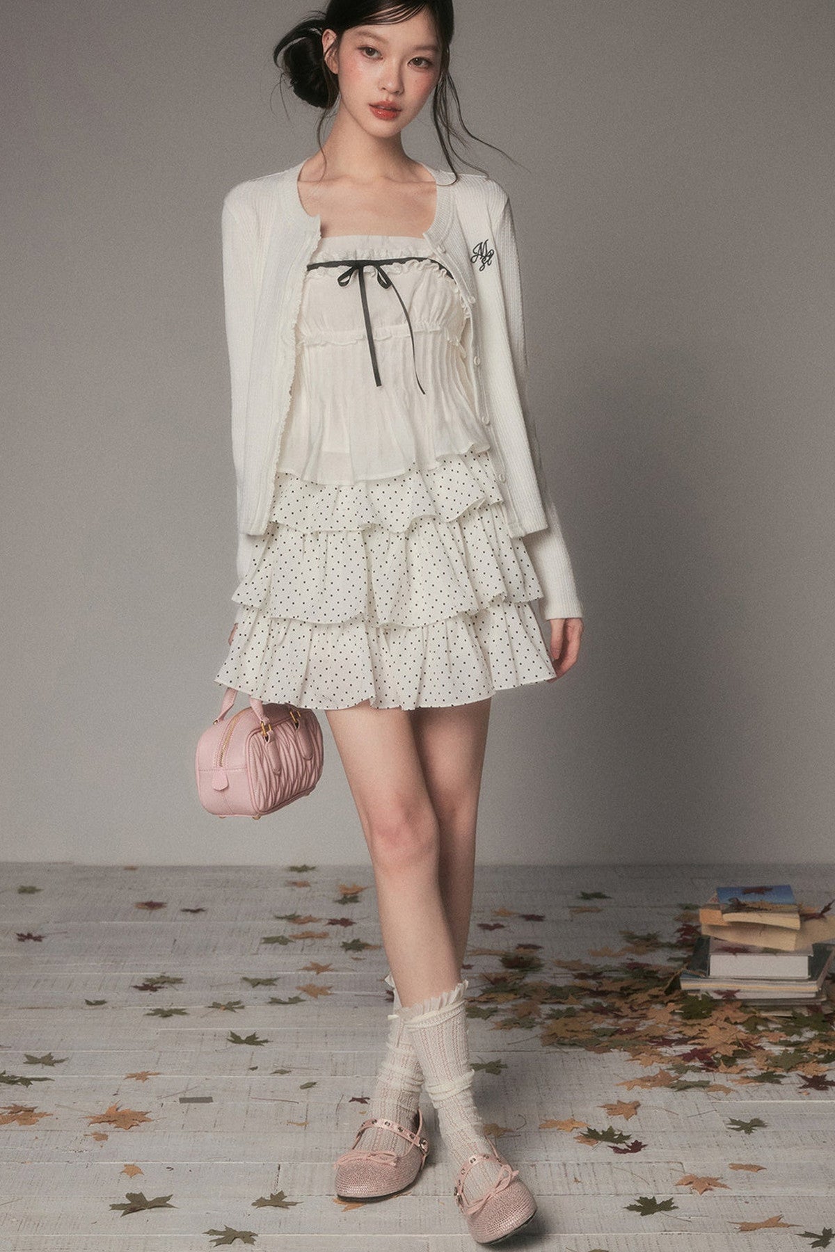 Embroidered White Knit Cardigan Set-Up
