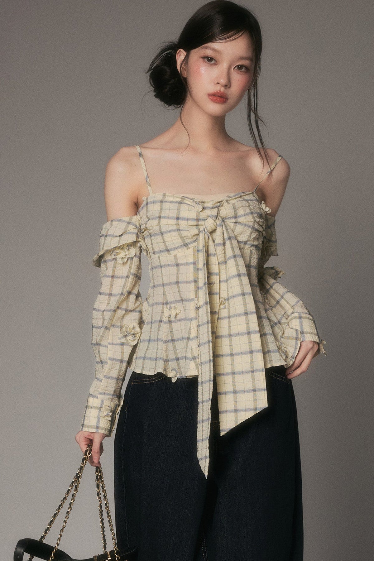 Bow-Tie Plaid Floral Long-Sleeve Tube Top
