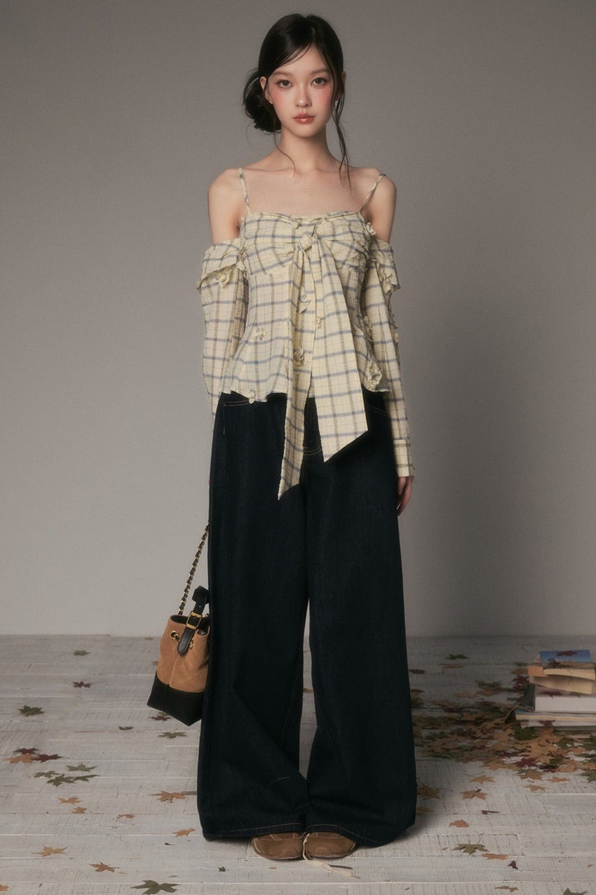 Bow-Tie Plaid Floral Long-Sleeve Tube Top