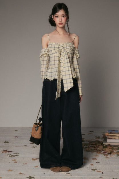 Bow-Tie Plaid Floral Long-Sleeve Tube Top