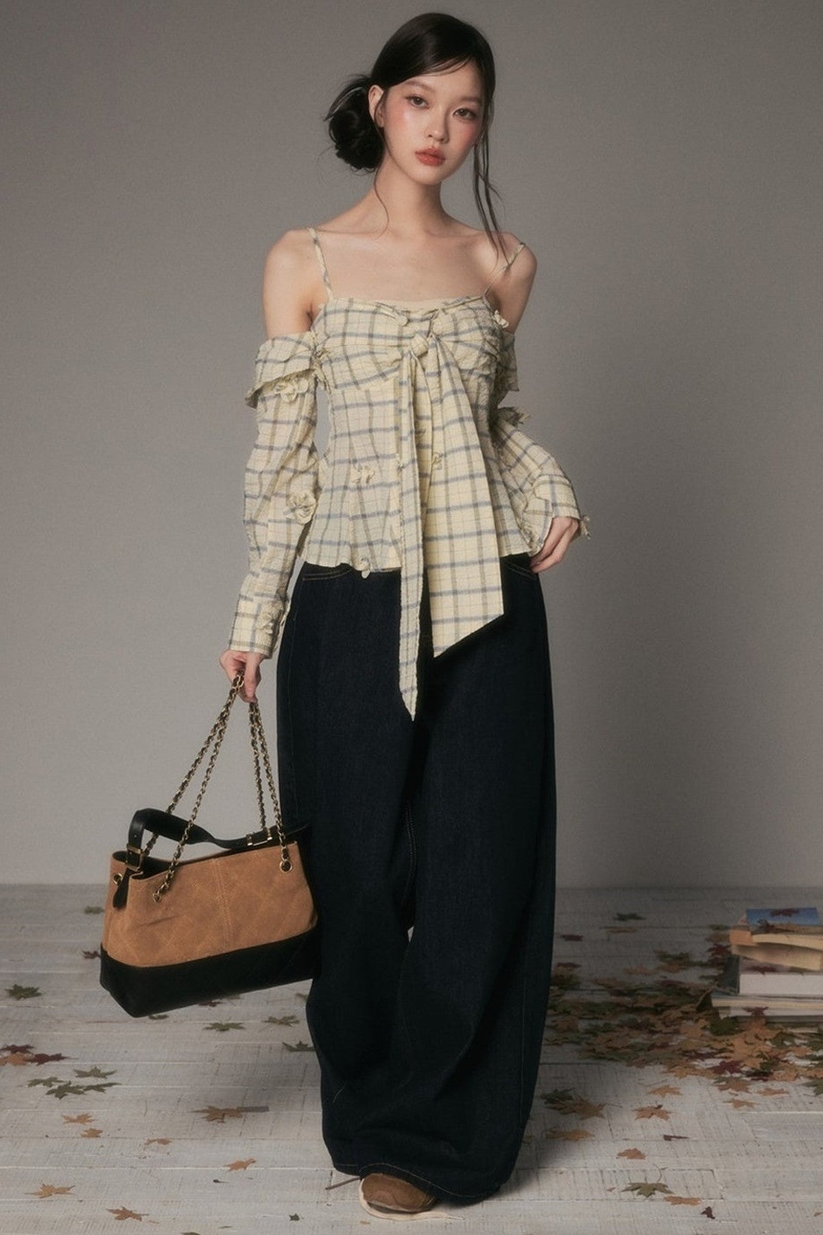 Bow-Tie Plaid Floral Long-Sleeve Tube Top