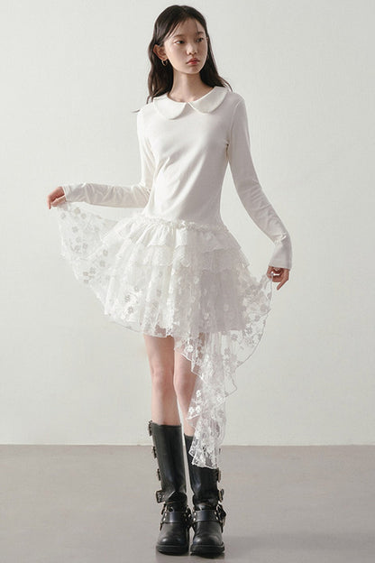 White Long-Sleeved Peter Pan Collar Top