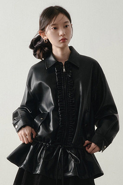 Drawstring Design Leather Jacket