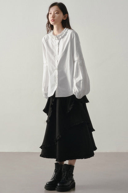 White Ruffled Collar Lantern Sleeve Blouse