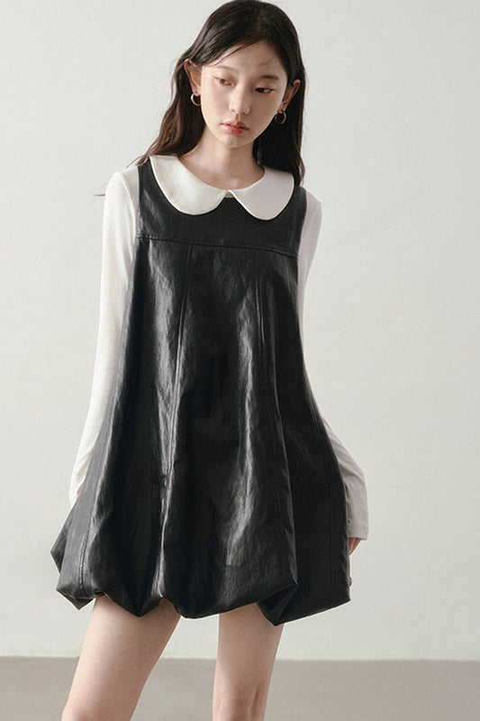 Black Leather-Like Peter Pan Dress