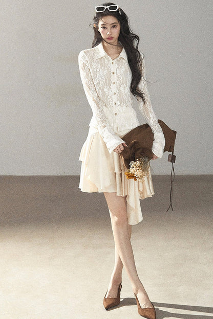 Vine Texture Hollow-Out Lace Polo Shirt