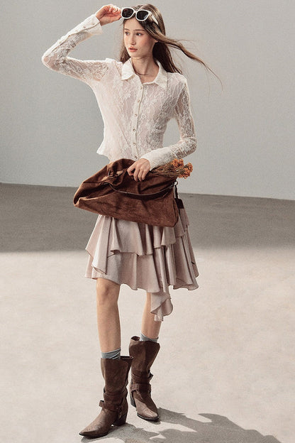 Vine Texture Hollow-Out Lace Polo Shirt