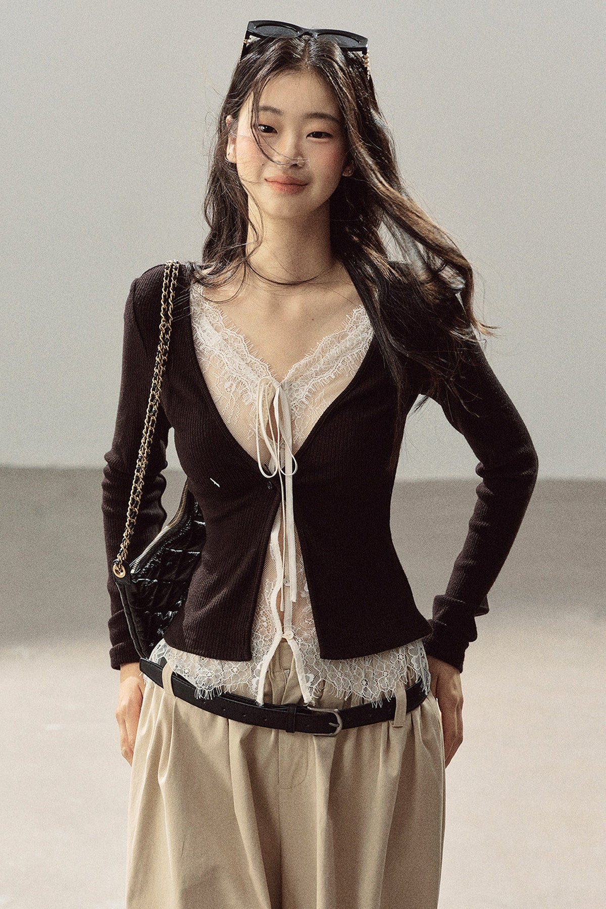 Layered-Look Lace Knit Top