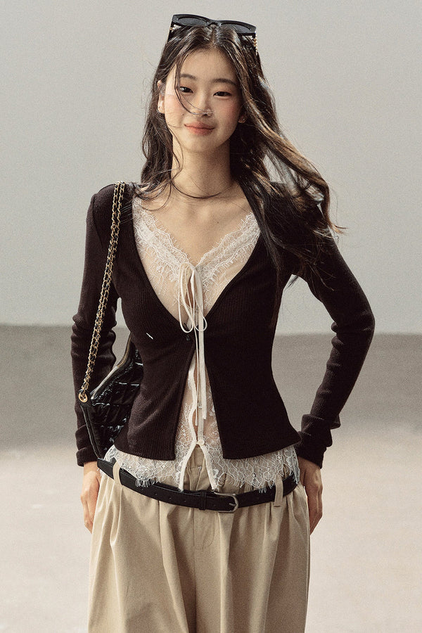 Layered-Look Lace Knit Top