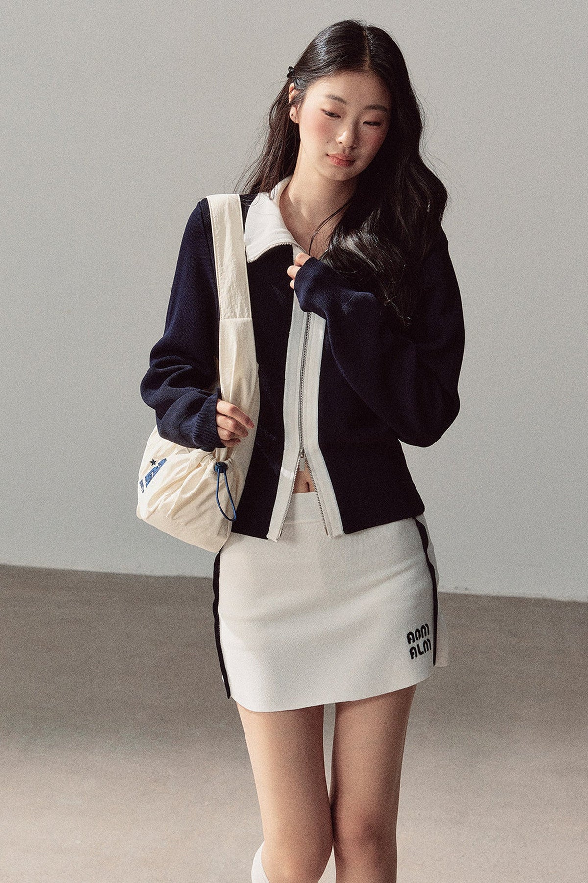 Navy Blue Top and White Short Skirt Set-Up