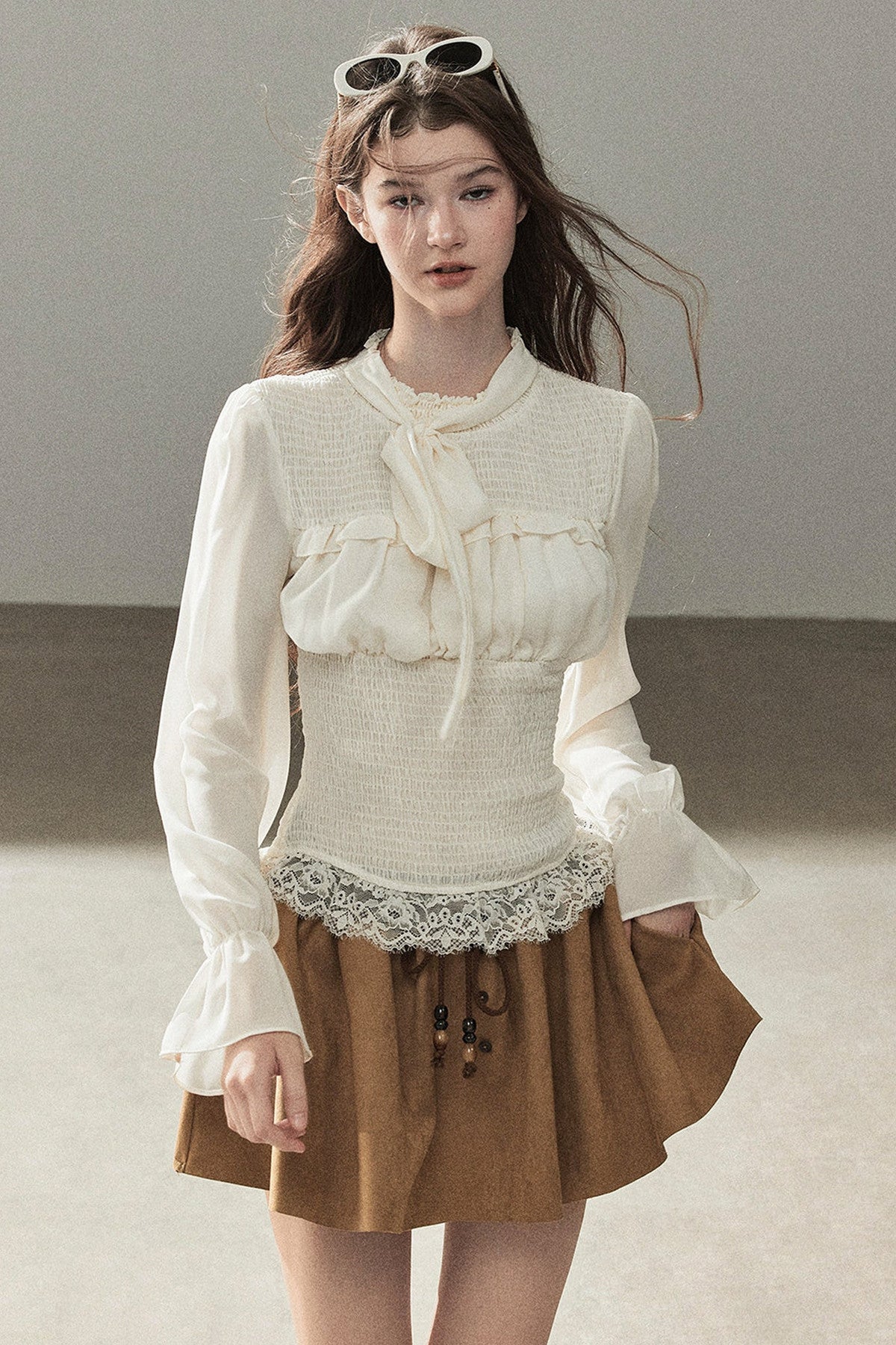 French Court Style Long-Sleeved Lace Chiffon Blouse