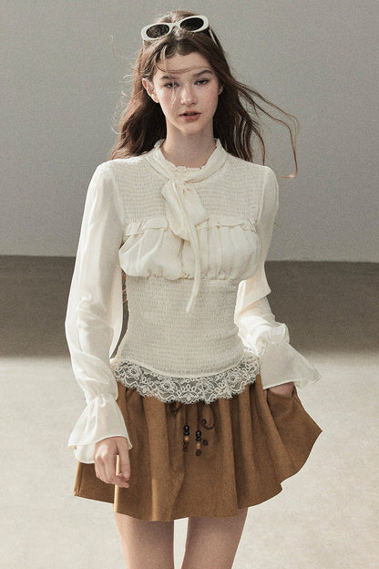 French Court Style Long-Sleeved Lace Chiffon Blouse