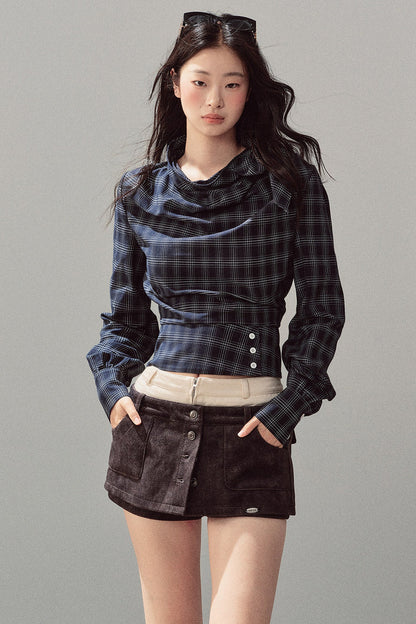Plaid Cowl Neck Shirt
