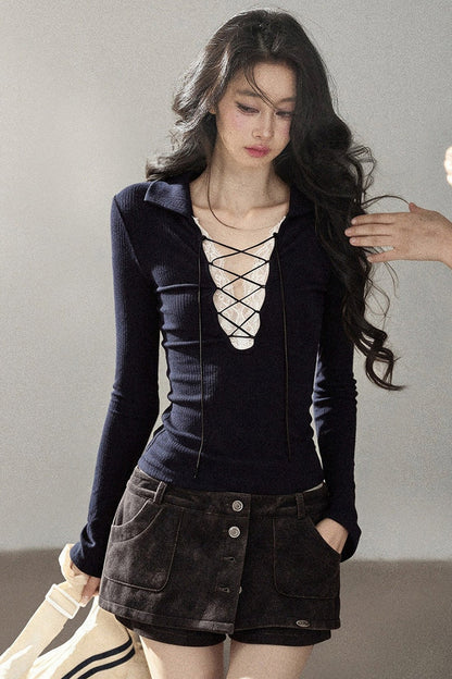 Lace Tie-Up Knit T-Shirt