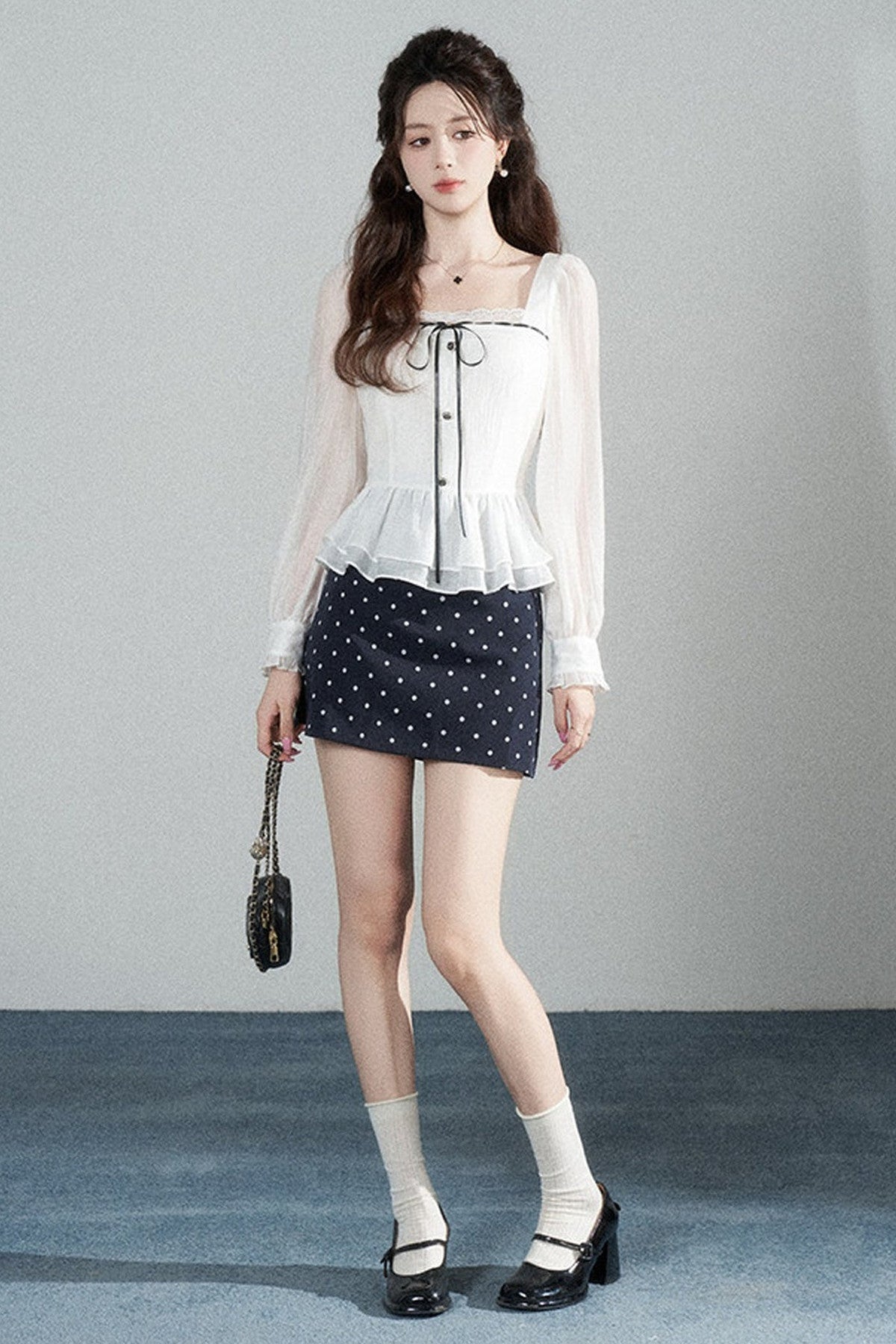 Apricot Square-Neck Long-Sleeve Shirt and Skirt Set-Up