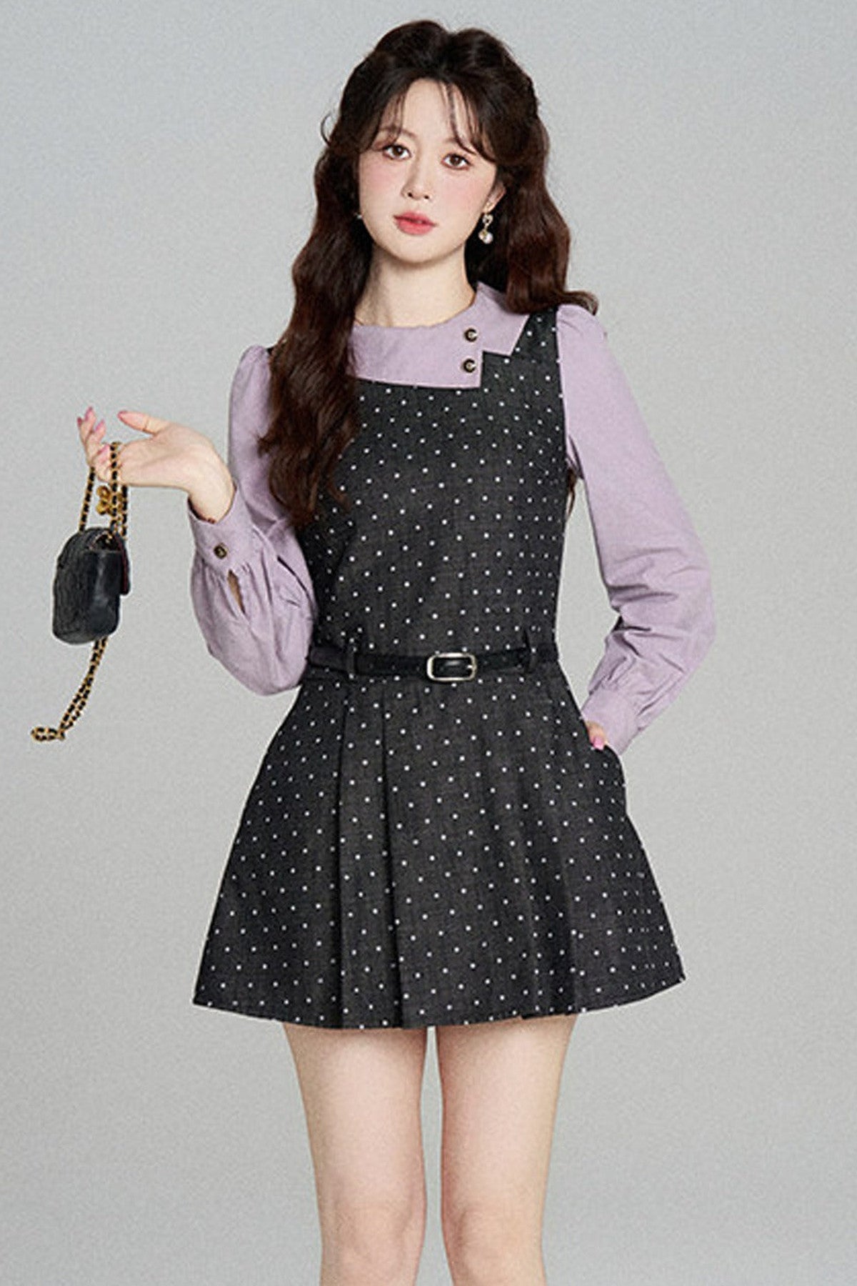 Black Purple Polka Dot Long Sleeve Dress