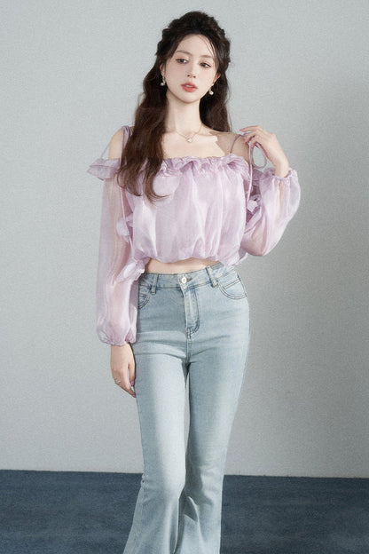 Ruffled One-Shoulder Chiffon Blouse