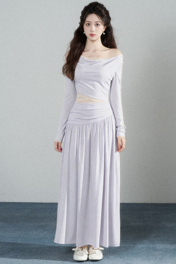 Pink Drape Neck Knit Long Dress